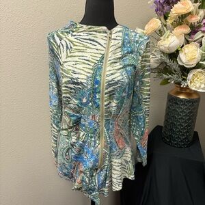 IC Paris Boho Paisley Zip Jacket L – Colorful Asym Hem Top, Artsy Print